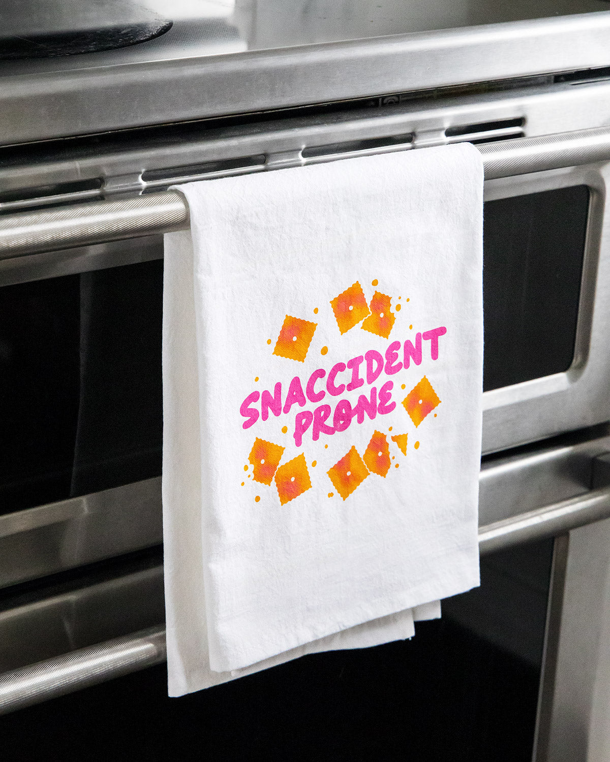 "Snaccident Prone" Food Pun Flour Sack Tea Towel